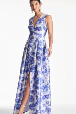 Women Sachin & Babi Gowns-Brooke Gown Azure Watercolor Floral
